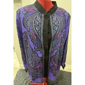 NWT BOB Mackie Art Top shirt blouse Xlg PURPLE Paisley Button Up Long Sleeve